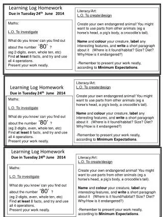 Learning Log Homework Due in Tuesday 24 th June 2014