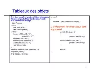 tableaux des objets