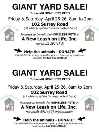 GIANT YARD SALE! To benefit HOMELESS PETS