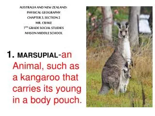 MARSUPIAL - an Animal, such as a kangaroo that carries its young in a body pouch.