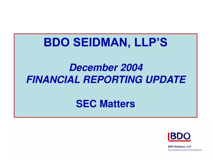 bdo seidman llp s december 2004 financial reporting update sec matters