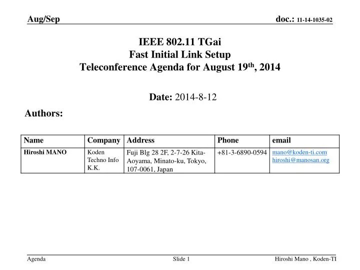 ieee 802 11 tgai fast initial link setup teleconference agenda for august 19 th 2014