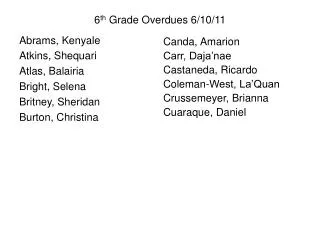 6 th Grade Overdues 6/10/11
