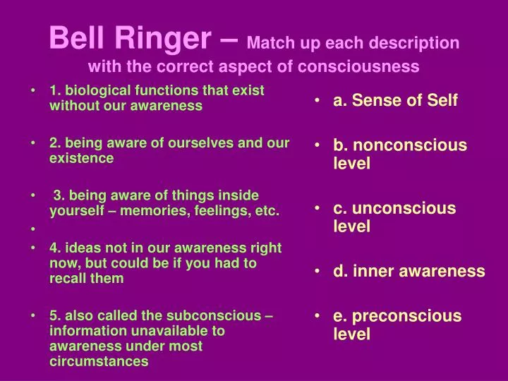 bell ringer match up each description with the correct aspect of consciousness