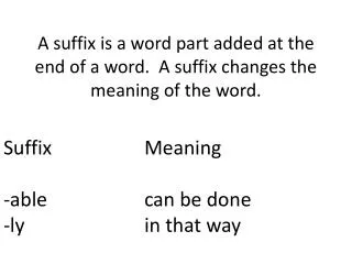 A suffix is a word part added at the end of a word. A suffix changes the meaning of the word .