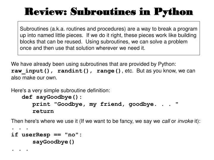 review subroutines in python