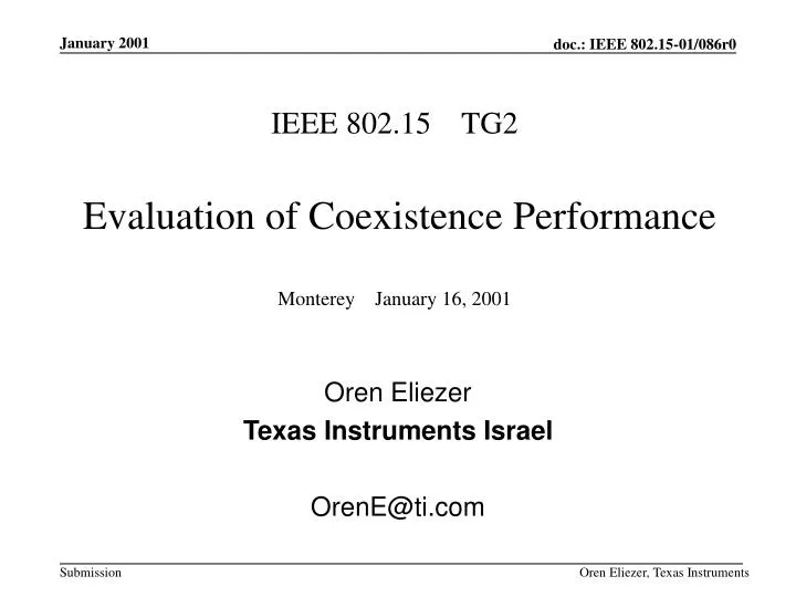 ieee 802 15 tg2 evaluation of coexistence performance monterey january 16 2001