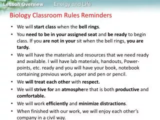 Biology Classroom Rules Reminders