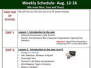 Weekly Schedule- Aug. 12-16 (We meet Mon, Tues and Thurs)