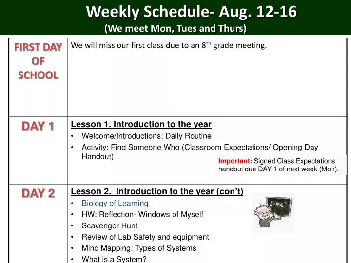 weekly schedule aug 12 16 we meet mon tues and thurs