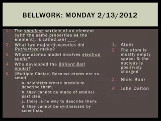 Bellwork : Monday 2/13/2012