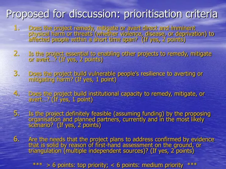 proposed for discussion prioritisation criteria
