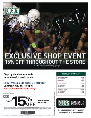 Stop by the check-in table to receive discount details! Char Valley Jr. Colts Shop Day
