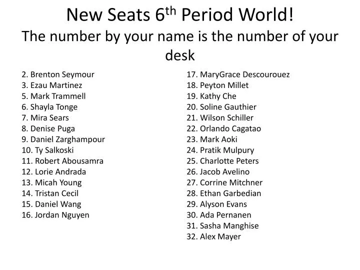 new seats 6 th period world the number by your name is the number of your desk