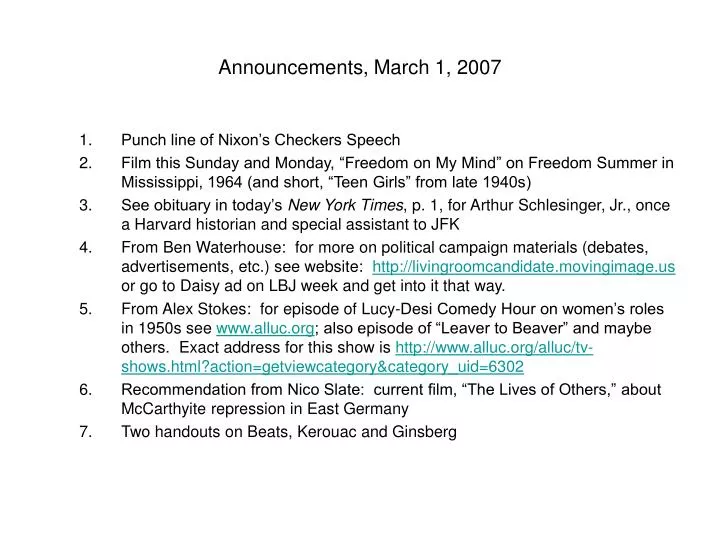 announcements march 1 2007