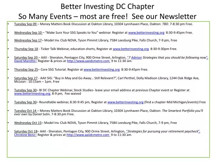 better investing dc chapter so many events most are free see our newsletter