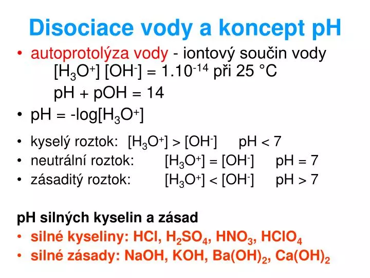 disociace vody a koncept ph