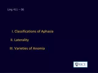 I. Classifications of Aphasia II. Laterality III. Varieties of Anomia