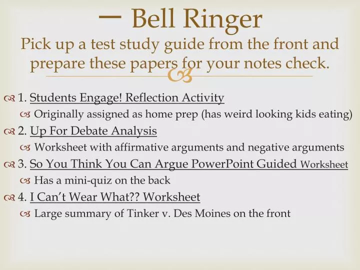 bell ringer pick up a test study guide from the front and prepare these papers for your notes check