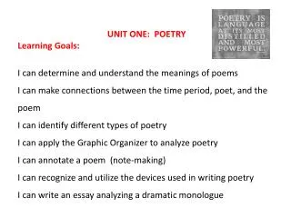 UNIT ONE: POETRY Learning Goals: I can determine and understand the meanings of poems