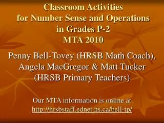Classroom Activities for Number Sense and Operations in Grades P-2 MTA 2010