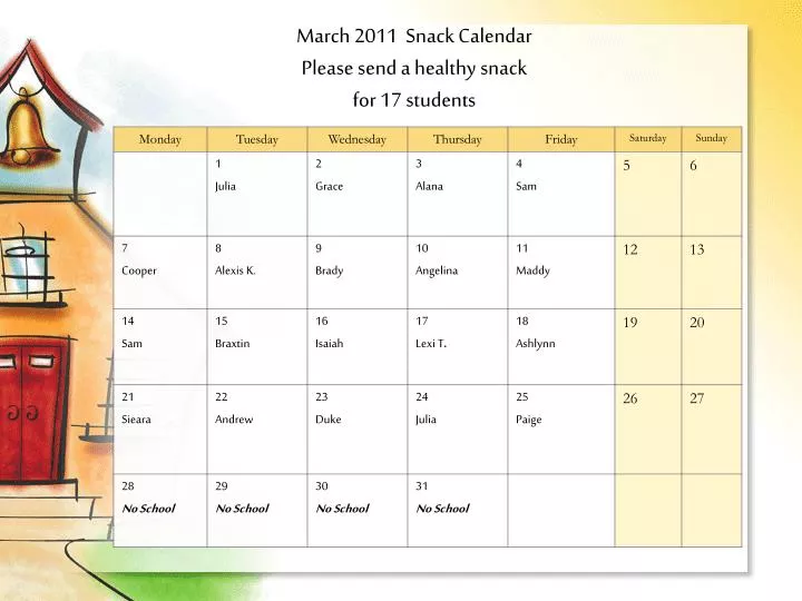 march 2011 snack calendar please send a healthy snack for 17 students