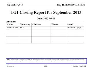 TG1 Closing Report for September 2013
