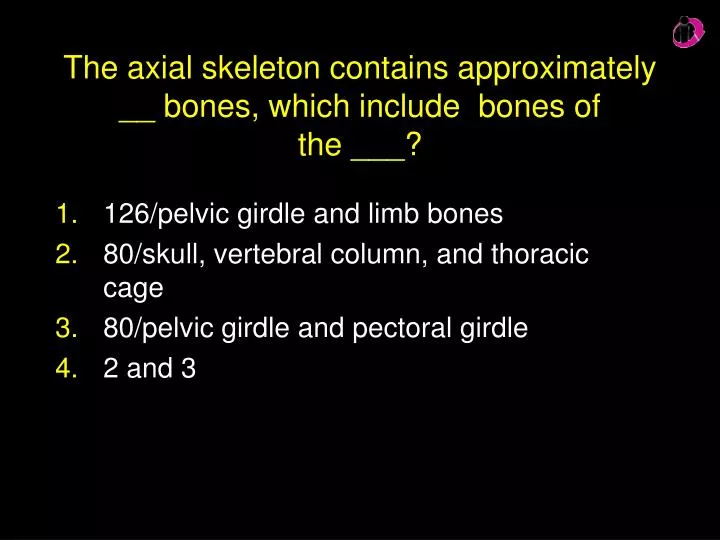 the axial skeleton contains approximately bones which include bones of the