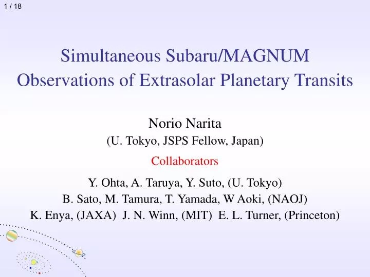 simultaneous subaru magnum observations of extrasolar planetary transits
