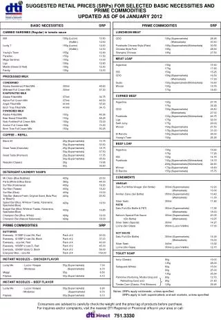 SUGGESTED RETAIL PRICES (SRPs) FOR SELECTED BASIC NECESSITIES AND PRIME COMMODITIES