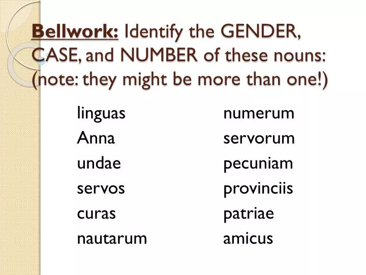 bellwork identify the gender case and number of these nouns note they might be more than one
