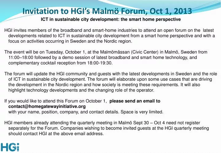 invitation to hgi s malm forum oct 1 2013
