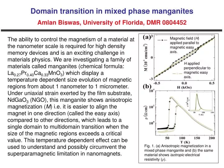 domain transition in mixed phase manganites amlan biswas university of florida dmr 0804452