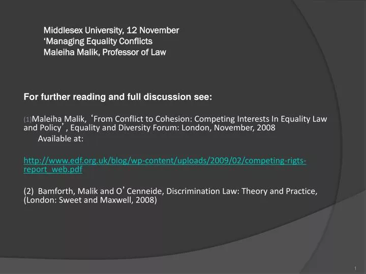 middlesex university 12 november managing equality conflicts maleiha malik professor of law