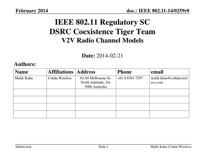 ieee 802 11 regulatory sc dsrc coexistence tiger team v2v radio channel models