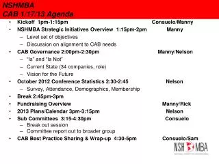 NSHMBA CAB 1/17/13 Agenda