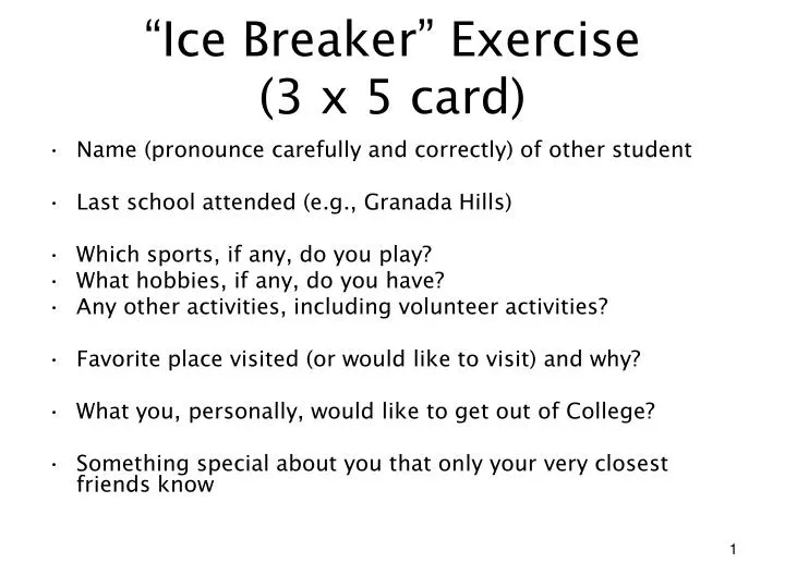ice breaker exercise 3 x 5 card
