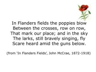 In Flanders fields the poppies blow Between the crosses, row on row,