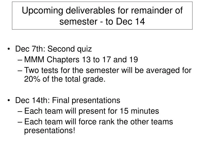 upcoming deliverables for remainder of semester to dec 14