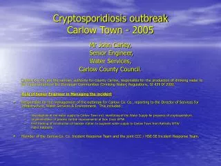 Cryptosporidiosis outbreak Carlow Town - 2005