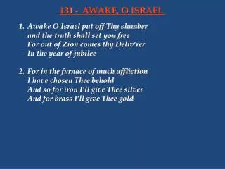 1.	Awake O Israel put off Thy slumber 	and the truth shall set you free