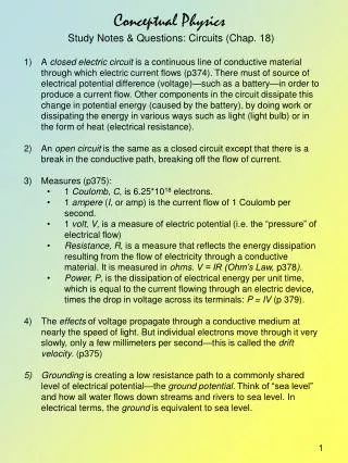 Conceptual Physics Study Notes &amp; Questions: Circuits (Chap. 18)