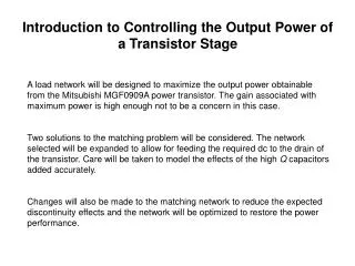 Introduction to Controlling the Output Power of a Transistor Stage