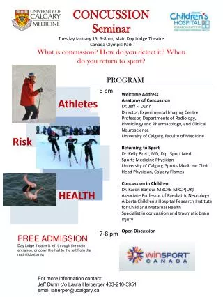 CONCUSSION Seminar Tuesday January 15, 6-8pm, Main Day Lodge Theatre Canada Olympic Park