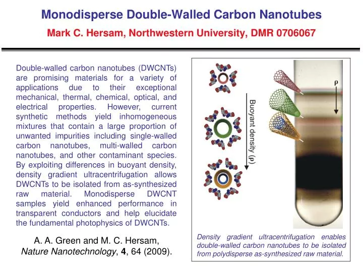 monodisperse double walled carbon nanotubes mark c hersam northwestern university dmr 0706067