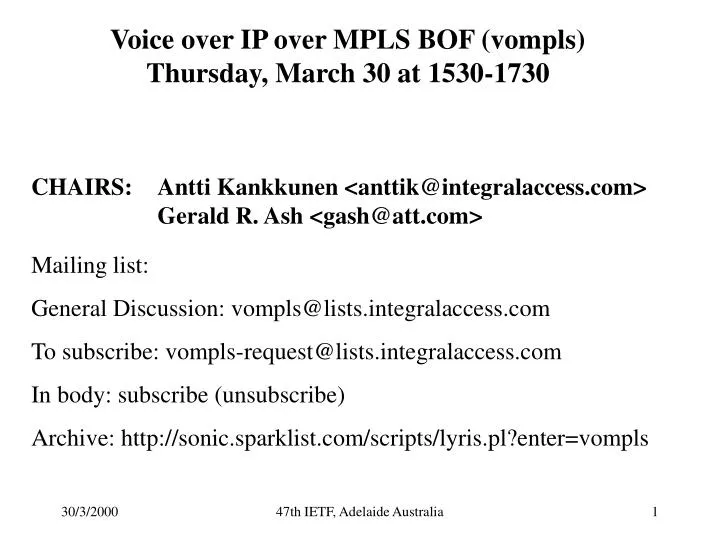 voice over ip over mpls bof vompls thursday march 30 at 1530 1730