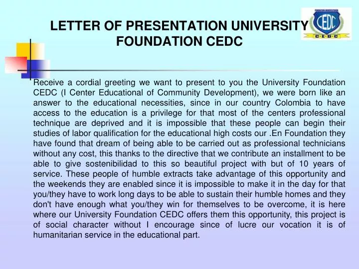 letter of presentation university foundation cedc