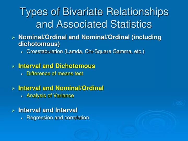 types of bivariate relationships and associated statistics
