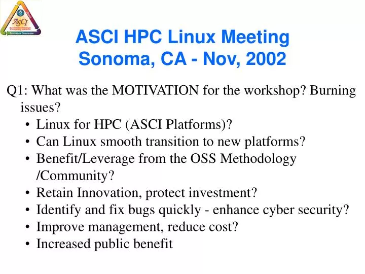 asci hpc linux meeting sonoma ca nov 2002
