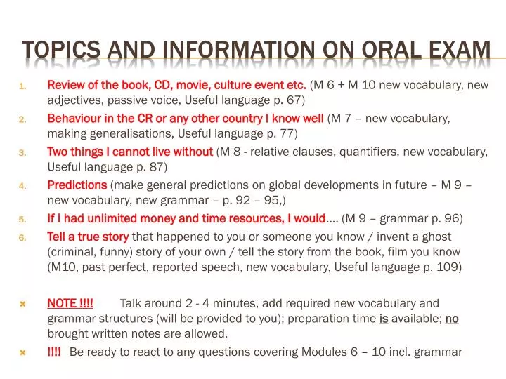 topics and information on oral exam